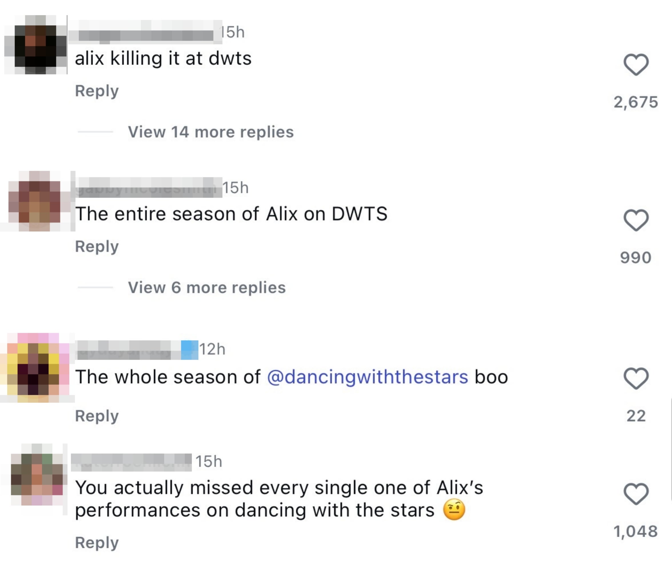 Social media comments praising Alix's show  connected  "Dancing with the Stars," highlighting her interaction   connected  the show