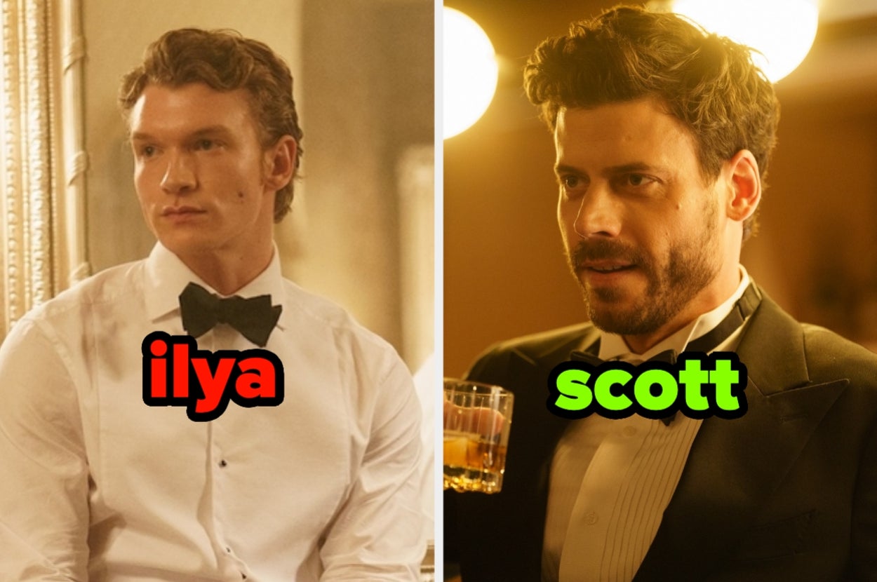 Two men in tuxedos. Left: man with slicked-back hair, text "ilya." Right: man with messy hair holding a drink, text "scott."