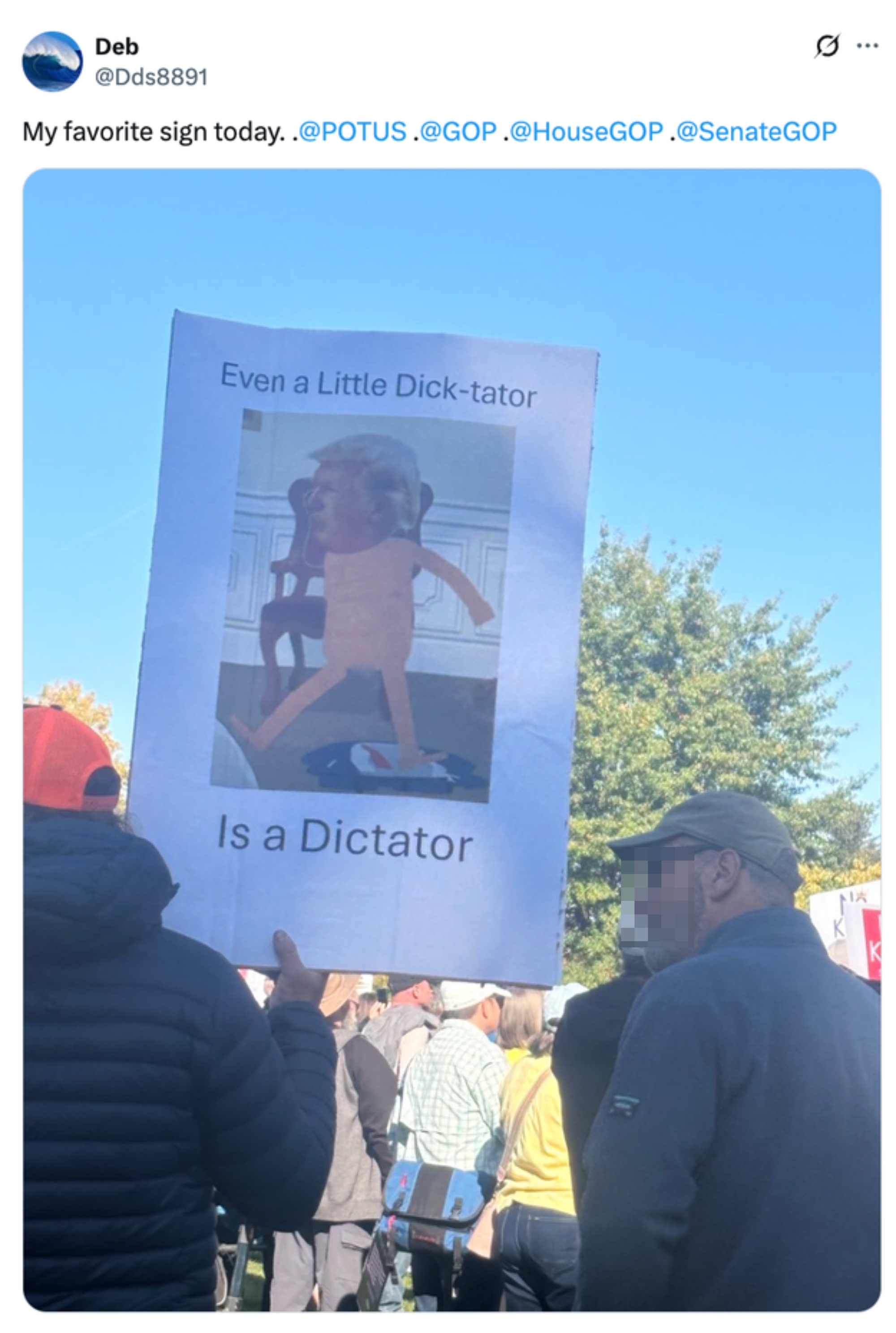 Skilt ved en protest som viser en baby med teksten 