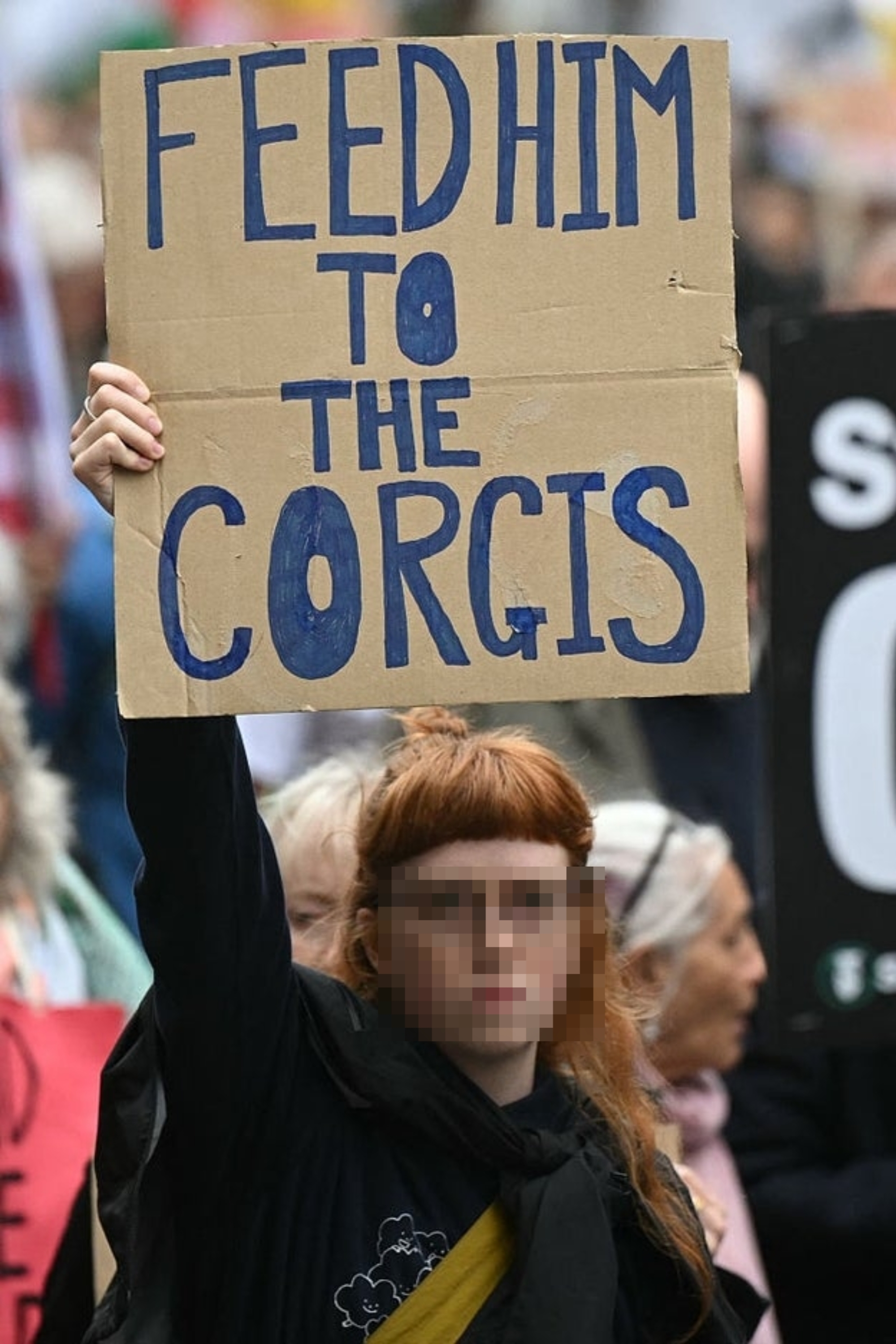 Person som holder et protestskilt med teksten «Før ham til corgis»; på en offentlig demonstrasjon