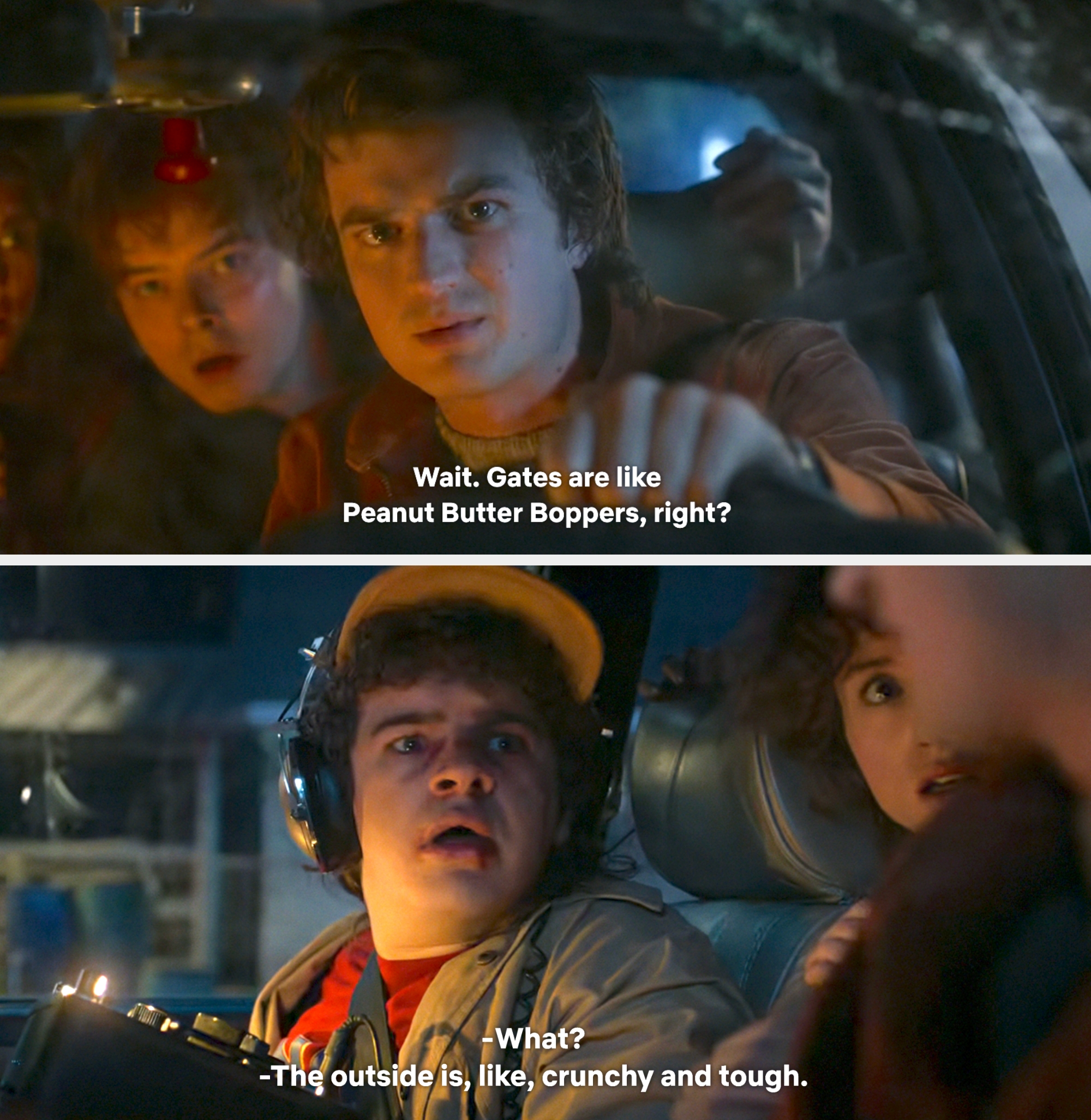 Two people sitting in a car at night, one driving and the other in the back seat, with captions discussing gate similarity to a snack