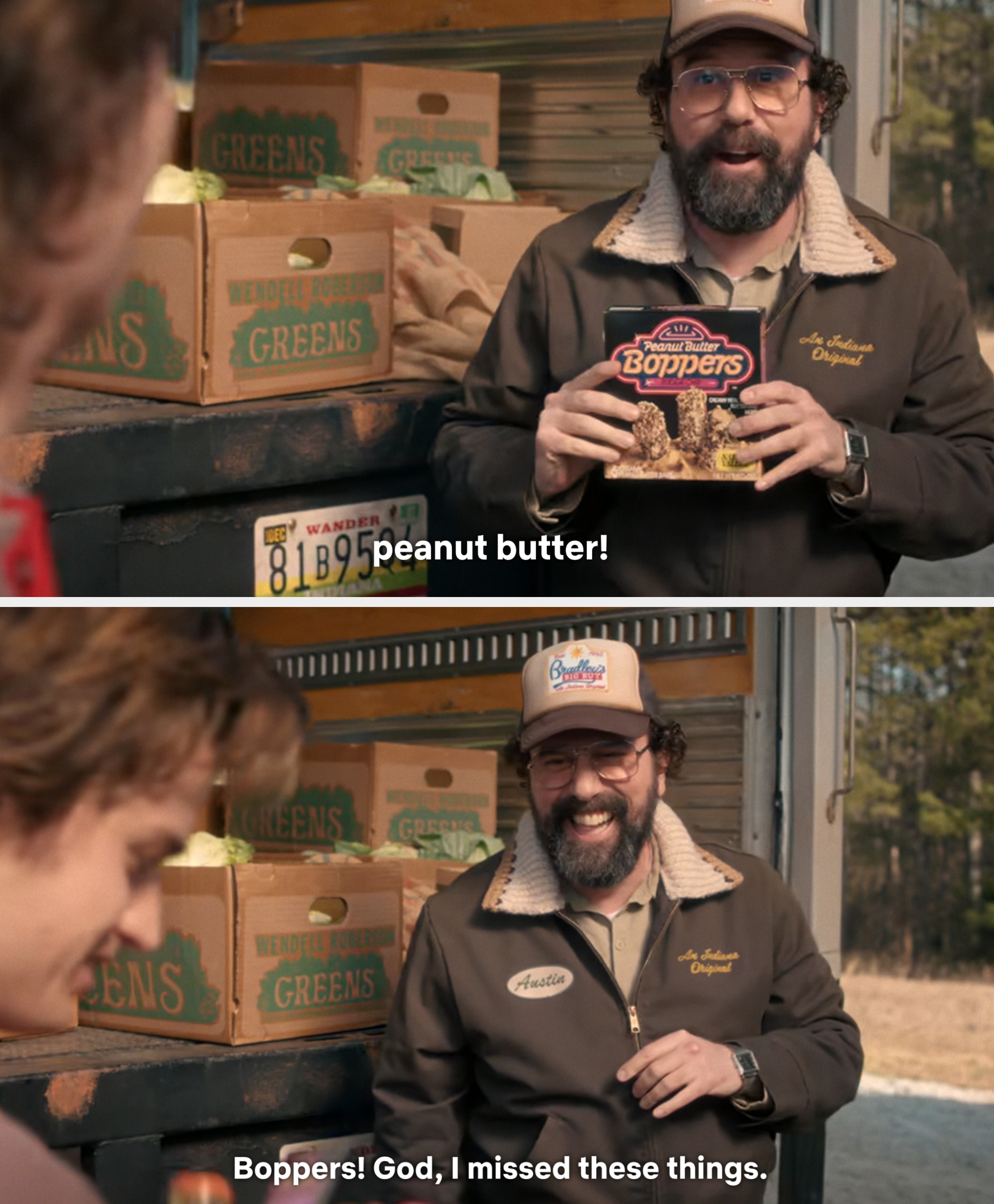Two people talking near a truck with produce boxes. One person smiling, wearing a cap and uniform jacket. Caption: "Boppers! God, I missed these things."