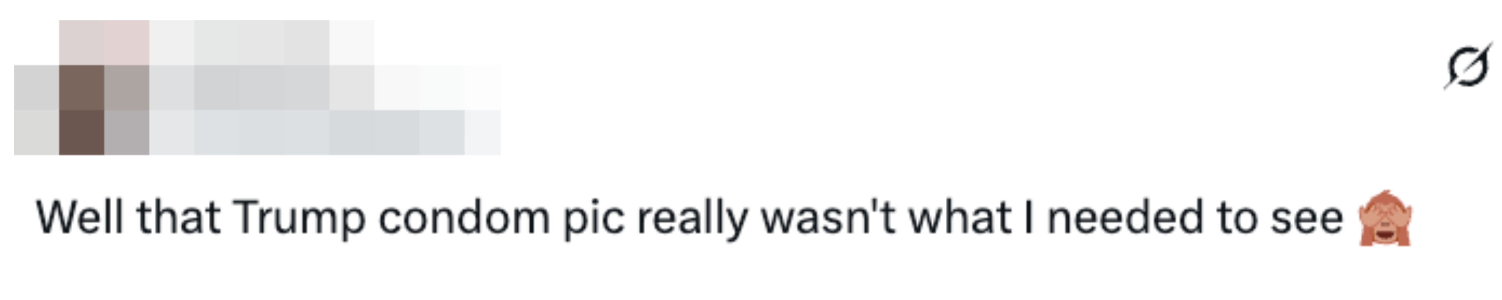 Tweet som uttrykker ubehag etter å ha sett et bilde av et kondom med Trump-tema. Emoji antyder forlegenhet