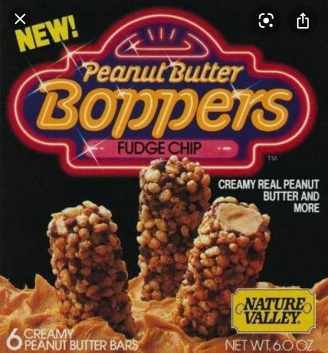 Box of Nature Valley Peanut Butter Boppers featuring fudge chip variety with creamy peanut butter center shown on packaging