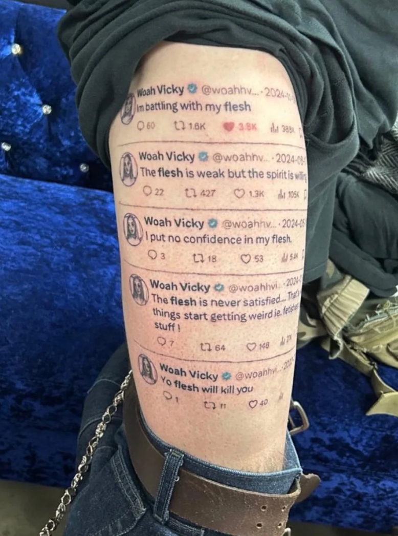 Arm tattoo with societal  media posts, discussing themes of battling soma  and spirit, showing engagement metrics similar  likes and retweets
