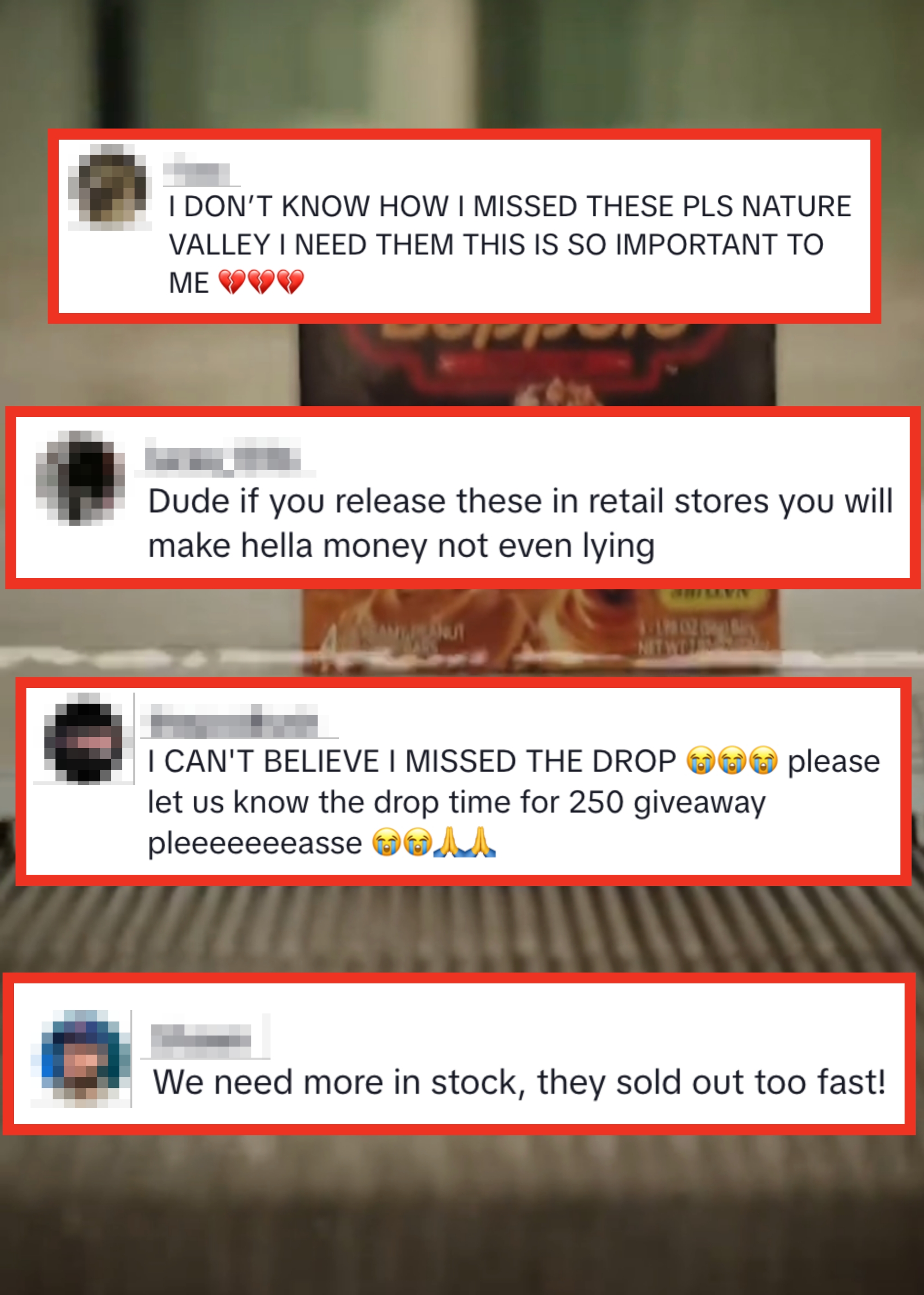 Box of General Mills Peanut Butter Boppers on a conveyor belt