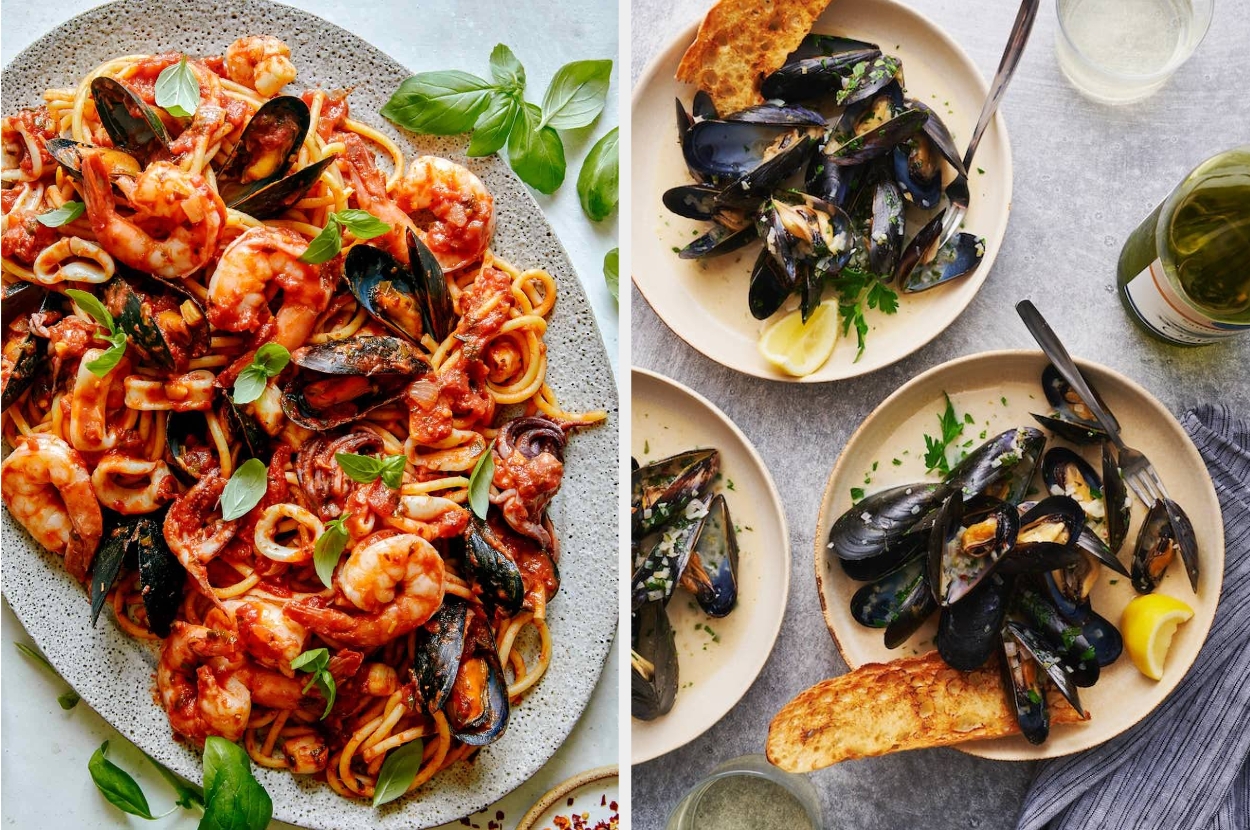 Two plates of seafood pasta with shrimp and mussels on one side, and mussels with lemon and bread on the other, perfect for a Tasty meal article