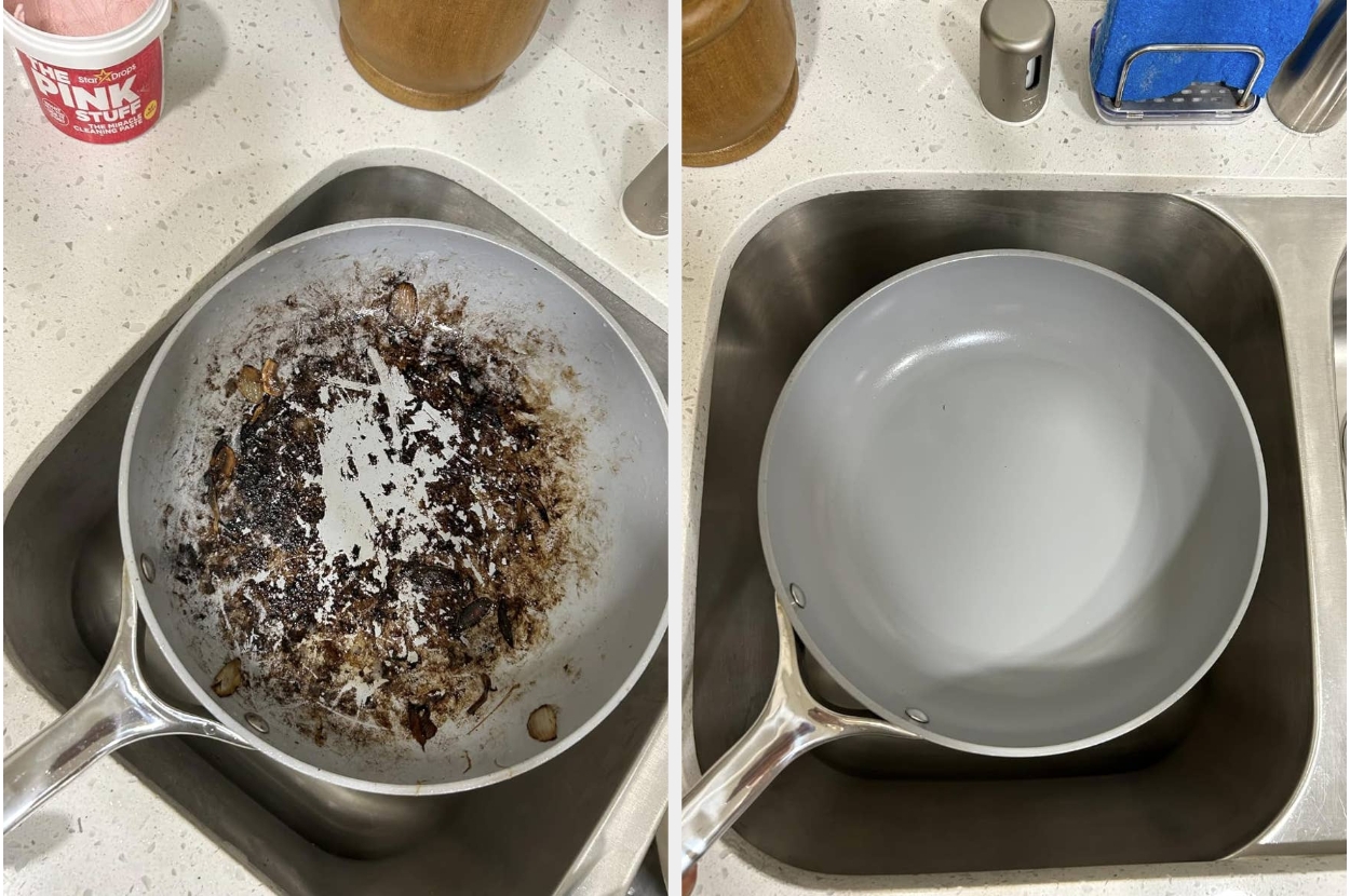 Before and after cleaning a burnt pan in a sink, demonstrating an effective cookware cleaning method