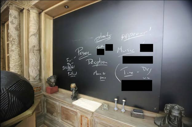 Chalkboard with partially blacked-out substance   astir  power, deception, and music; decorative busts placed connected  a support  below