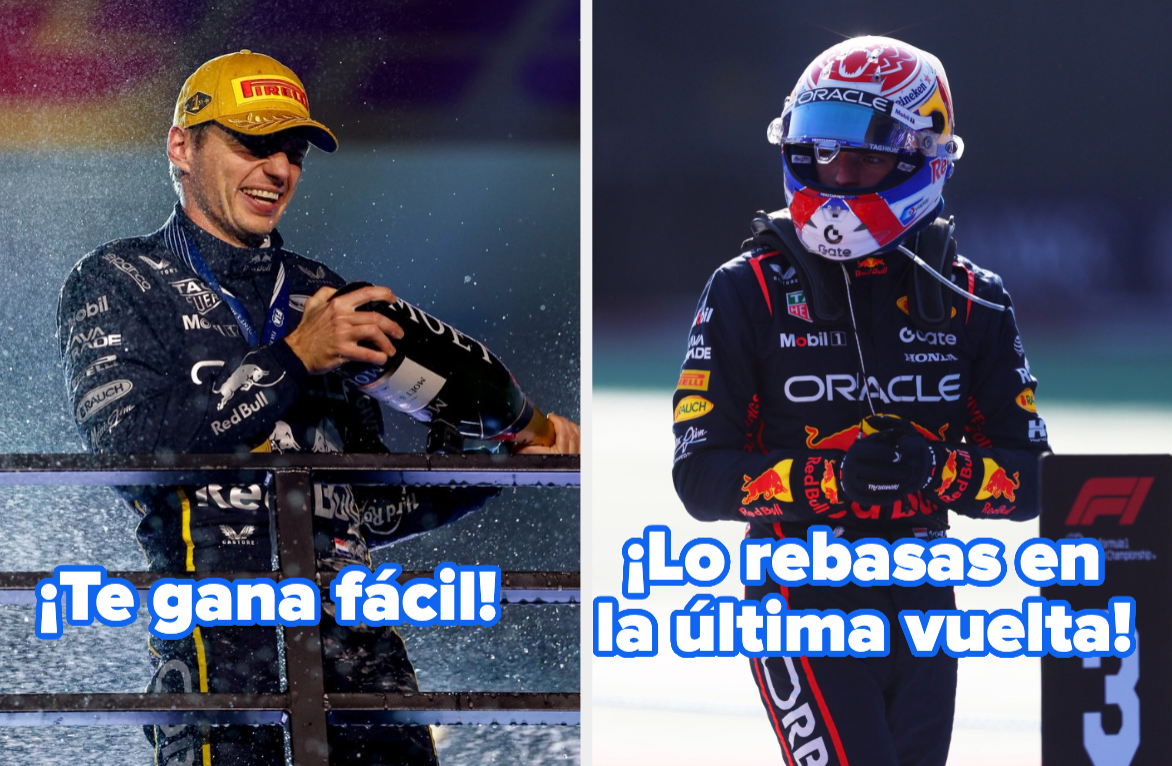 Two race car drivers celebrate; one sprays champagne while the other prepares for a race. Spanish captions suggest a dramatic race finish