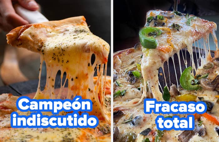 Two pizza slices being lifted; one labeled "Campeón indiscutido" with stretchy cheese, the other "Fracaso total" with toppings like green peppers