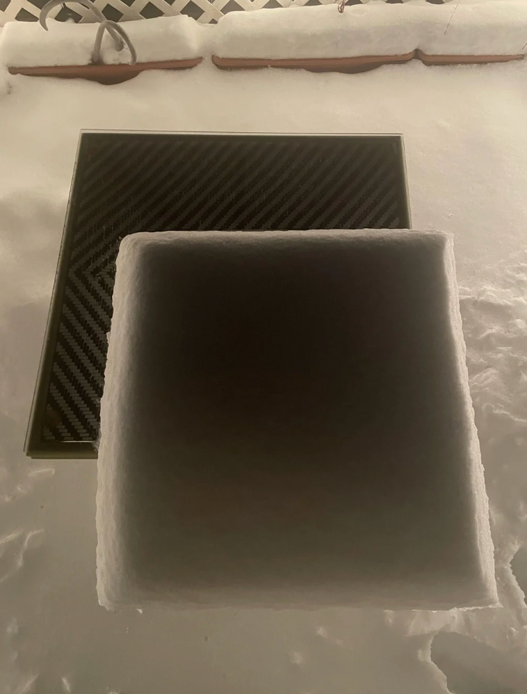 Two stacked squares of snowfall  amusement   precise, cleanable  edges, with the apical  quadrate  raised somewhat  supra  the bottommost  one. Snow falls softly astir   them