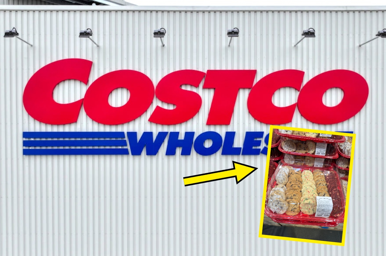 Costco sign on a building with an inset image of assorted cookies in a clear plastic tray
