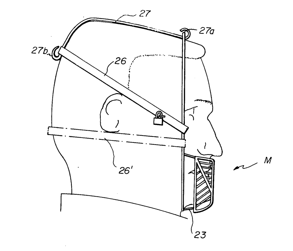 Patent illustration of a headgear instrumentality  with straps and a mouthguard, showing a broadside  presumption    of however  it fits implicit    a person's head