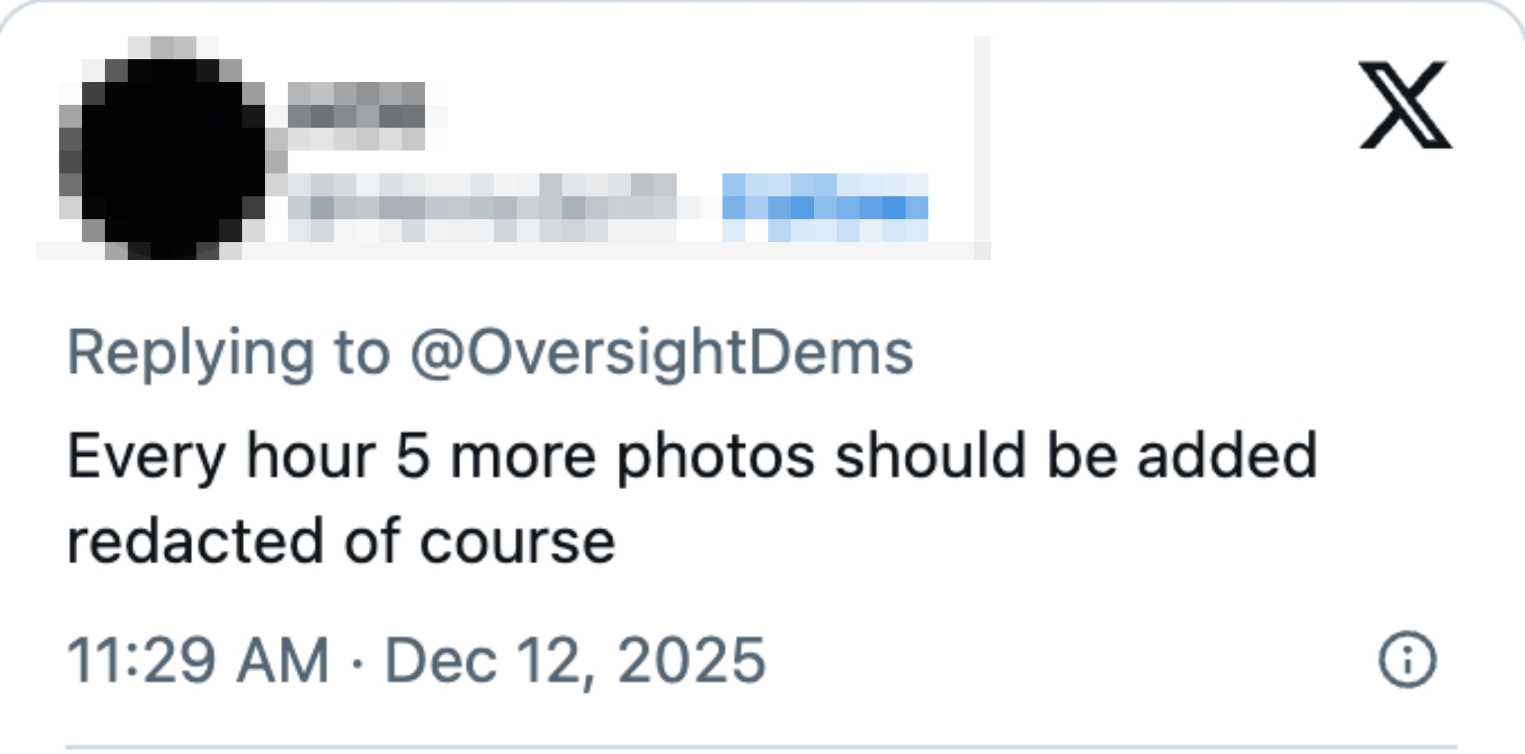 Tweet reply suggesting 5 much photos should beryllium added each hour, redacted