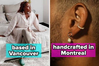 Person seated on a bed wearing a robe and slippers; close-up of an ear with pearl earrings, suggesting relaxed home style and fashion accessories