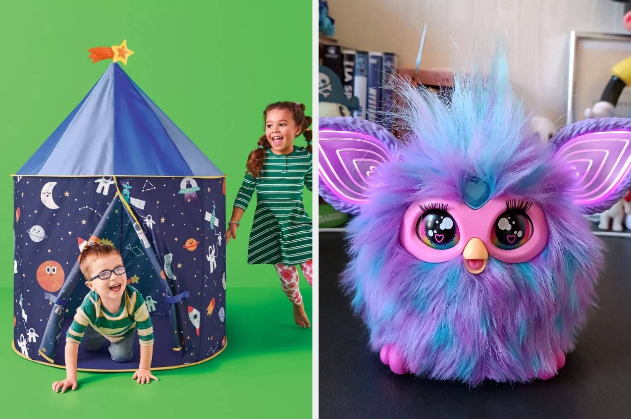Kids' play tent with space theme; Next to it, a colorful plush toy with large eyes and furry texture