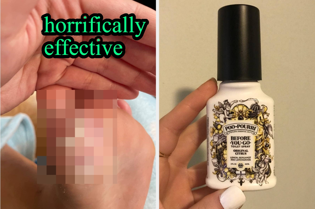 Poo-Pourri toilet spray bottle held in hand; text says "horrifically effective" next to pixelated image of use