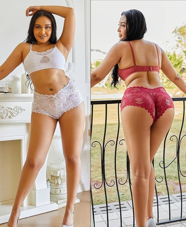 Two models showcase lace lingerie sets; 1 successful white, the different successful red, lasting by a balcony, highlighting comfy and stylish options for shopping