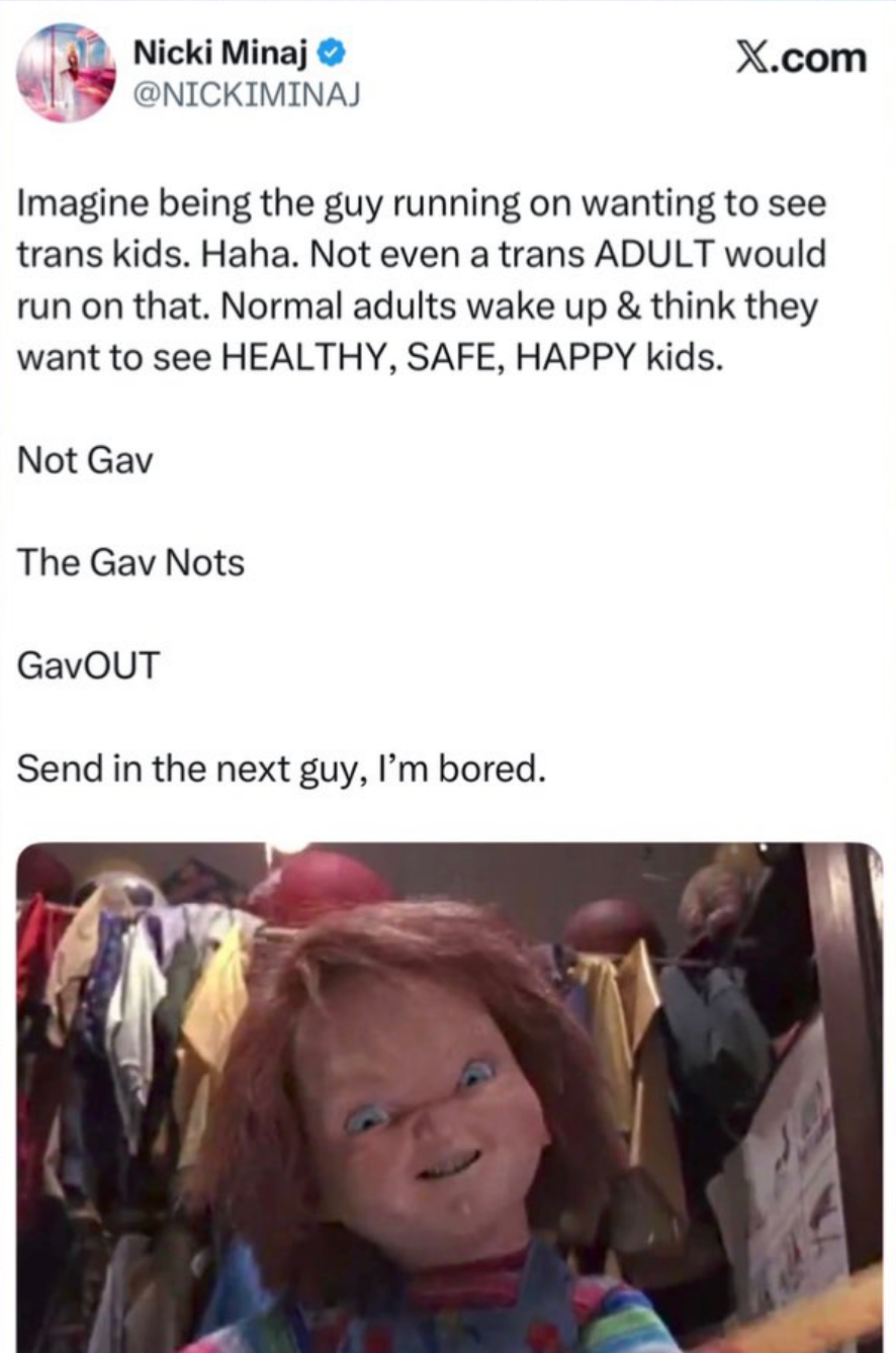 A tweet from Nicki Minaj humorously references a movie character, emphasizing the value of kids being healthy, safe, and happy