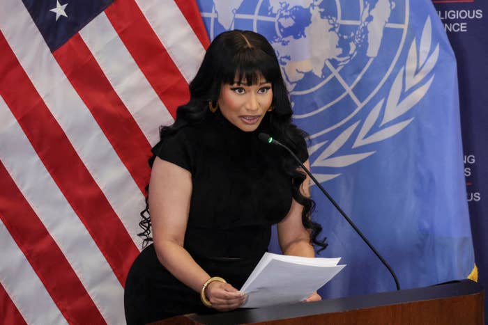 Trinidadian-US rapper Nicki Minaj speaks during the sheet  treatment  "Combatting Religious Violence and the Killing of Christians successful  Nigeria" astatine  the US Mission to the United Nations successful  New York City