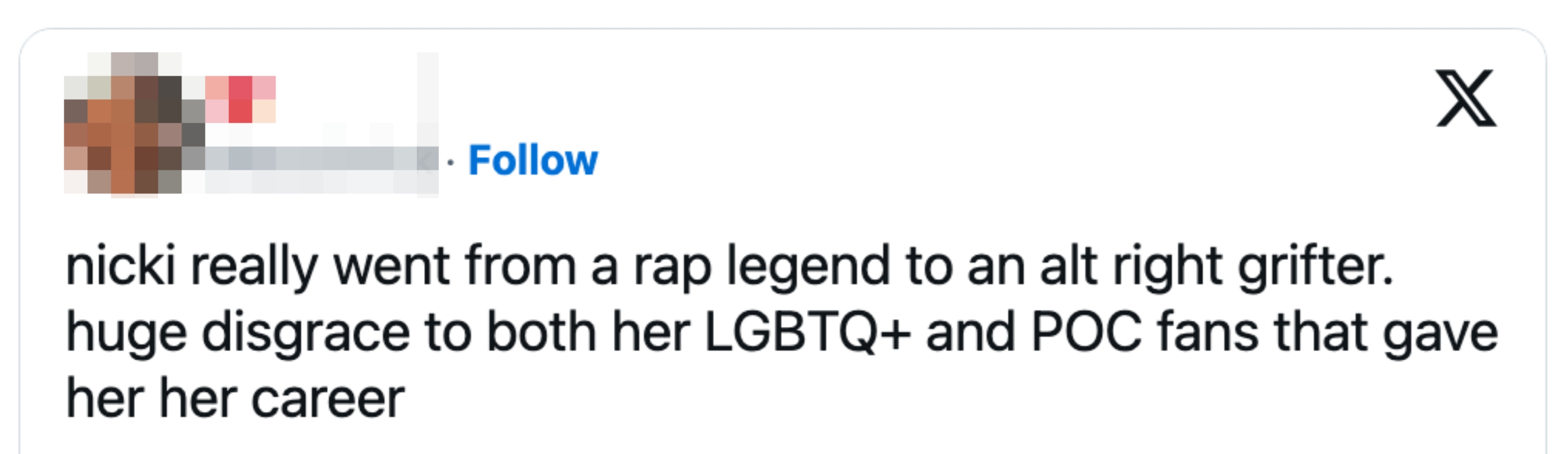 Tweet criticizing a rapper for allegedly changing their governmental views, disappointing LGBTQ+ and POC fans