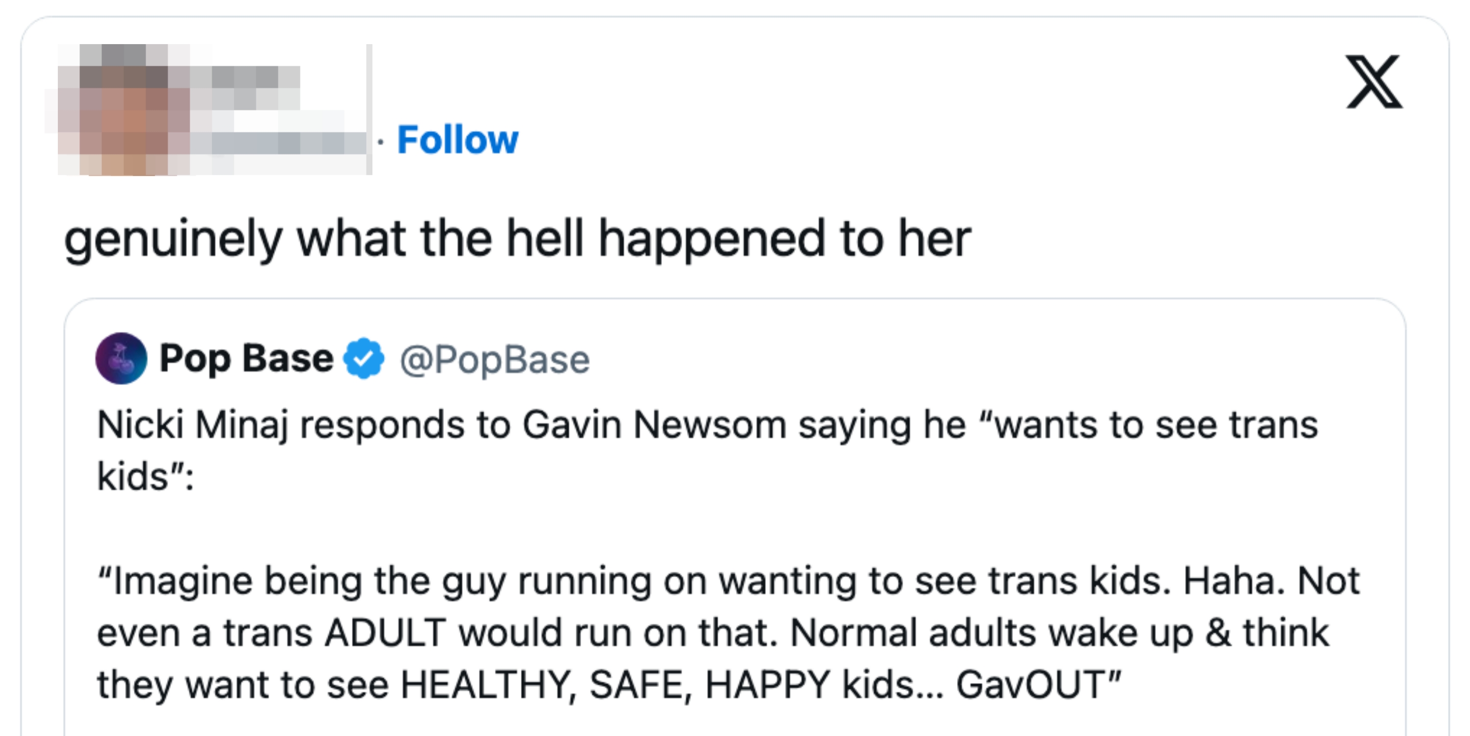 Tweet discussing Nicki Minaj's effect to Gavin Newsom's comments astir trans kids, questioning what happened to her