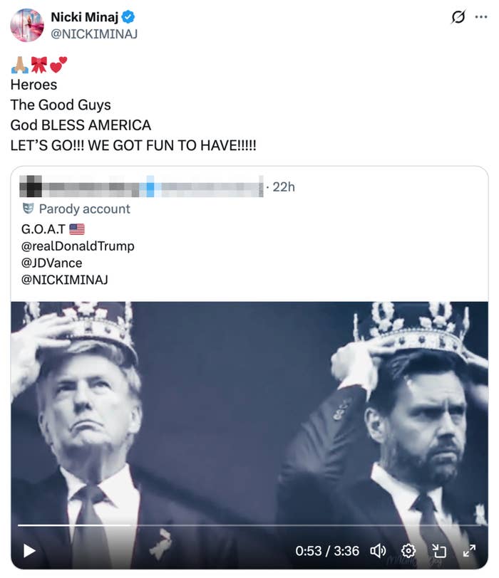 Tweet by Nicki Minaj mentioning "Heroes" and "God BLESS AMERICA" with a shared parody tweet showing digitally altered representation  of 2  men with crowns