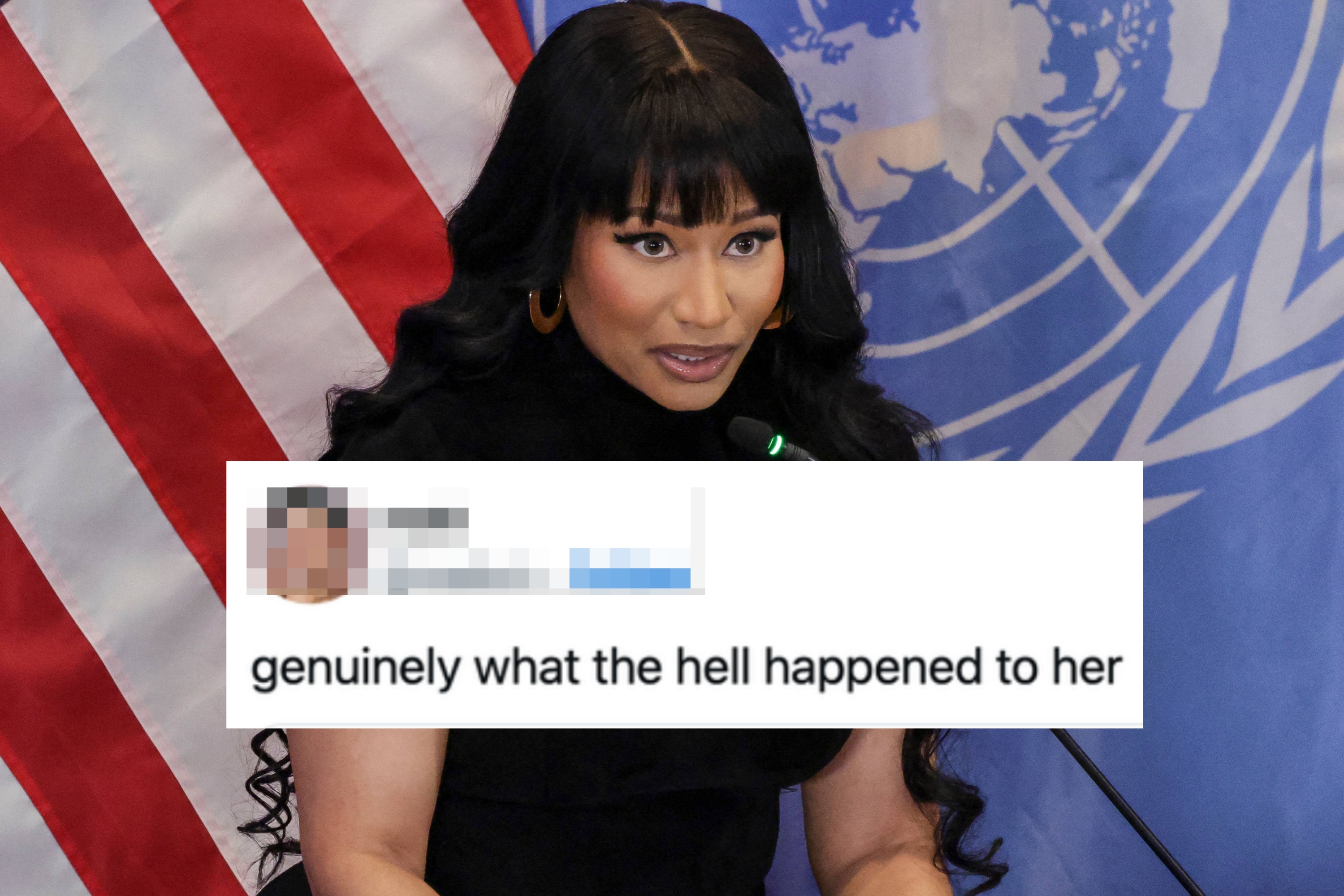 Person speaking at a podium with a UN logo backdrop, U.S. flag, and a text overlay questioning what happened to her
