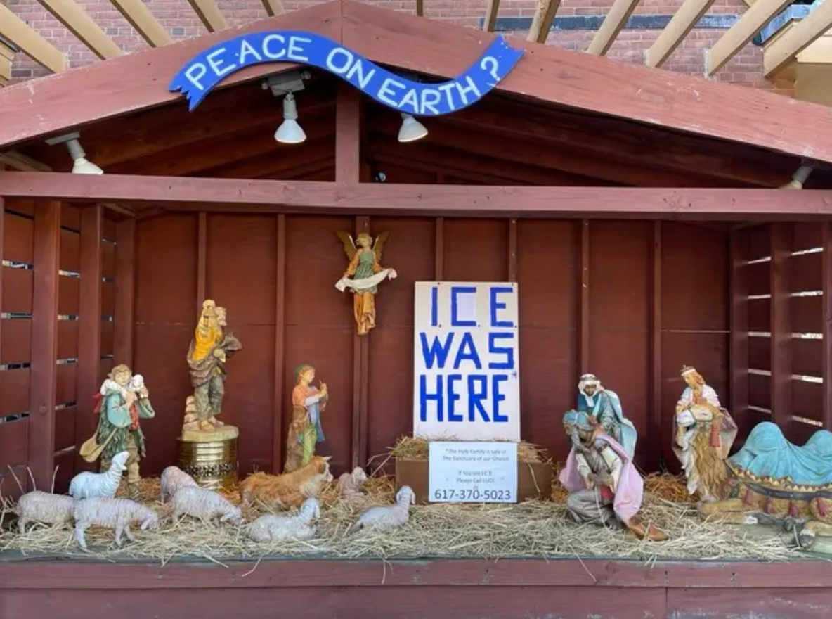 Nativity country with figures, a handwritten motion saying "ICE WAS HERE," and interaction number. Overhead motion reads "PEACE ON EARTH?"