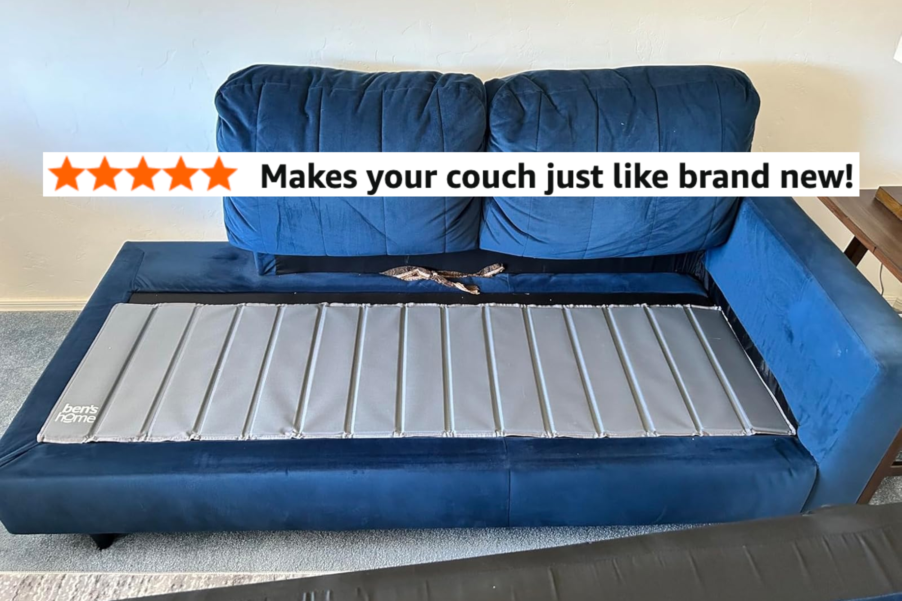 Couch with replacement cushion insert pads; text above reads, "Makes your couch just like brand new!" highlighting improvement