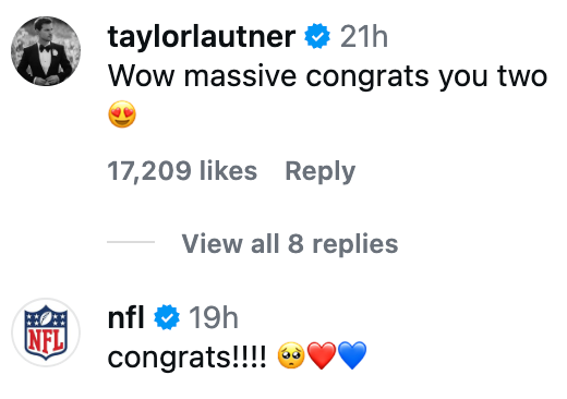 Comments congratulating 2 people, with emojis of heart, eyes, and reddish and bluish hearts