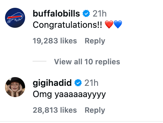 "Congratulations!!" from "buffalobills" and "Omg yaaaayyyy" from "gigihadid"
