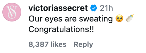 Victoria's Secret Instagram comment: "Our eyes are sweating ?? Congratulations!!" with 8,387 likes