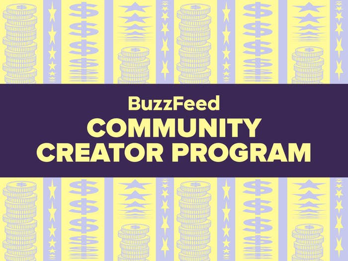 BuzzFeed Community Creator Program banner with patterns of coins and stars
