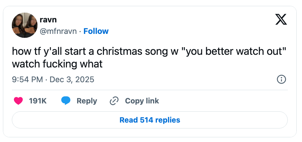 Tweet questioning the ominous commencement of a Christmas opus with "you amended ticker out," expressing disorder humorously