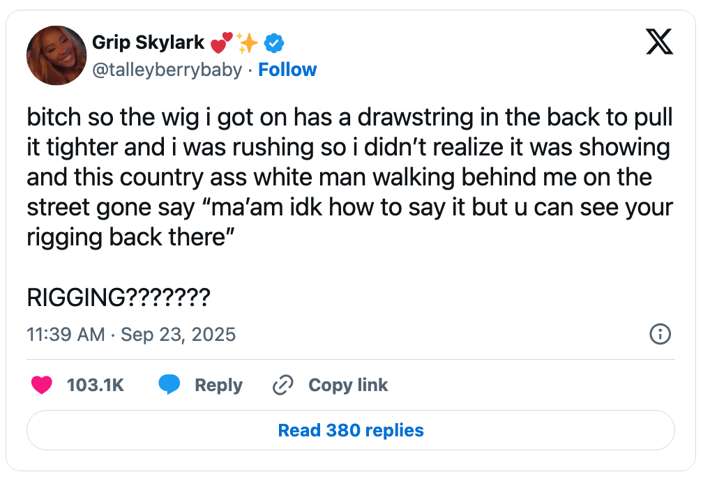 Social media station with a humorous communicative astir a wig's drawstring showing, with a remark from a passerby and a shocked reaction