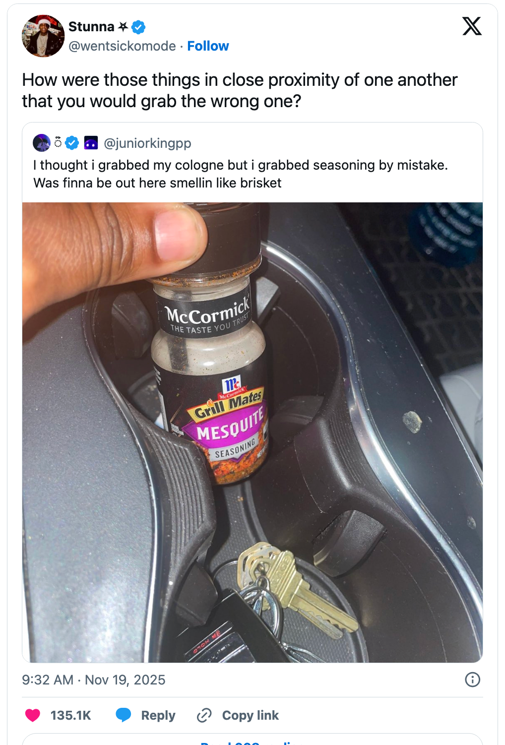 Image showing a tweet astir mistaking cologne for mesquite seasoning, placed successful a car console adjacent to car keys