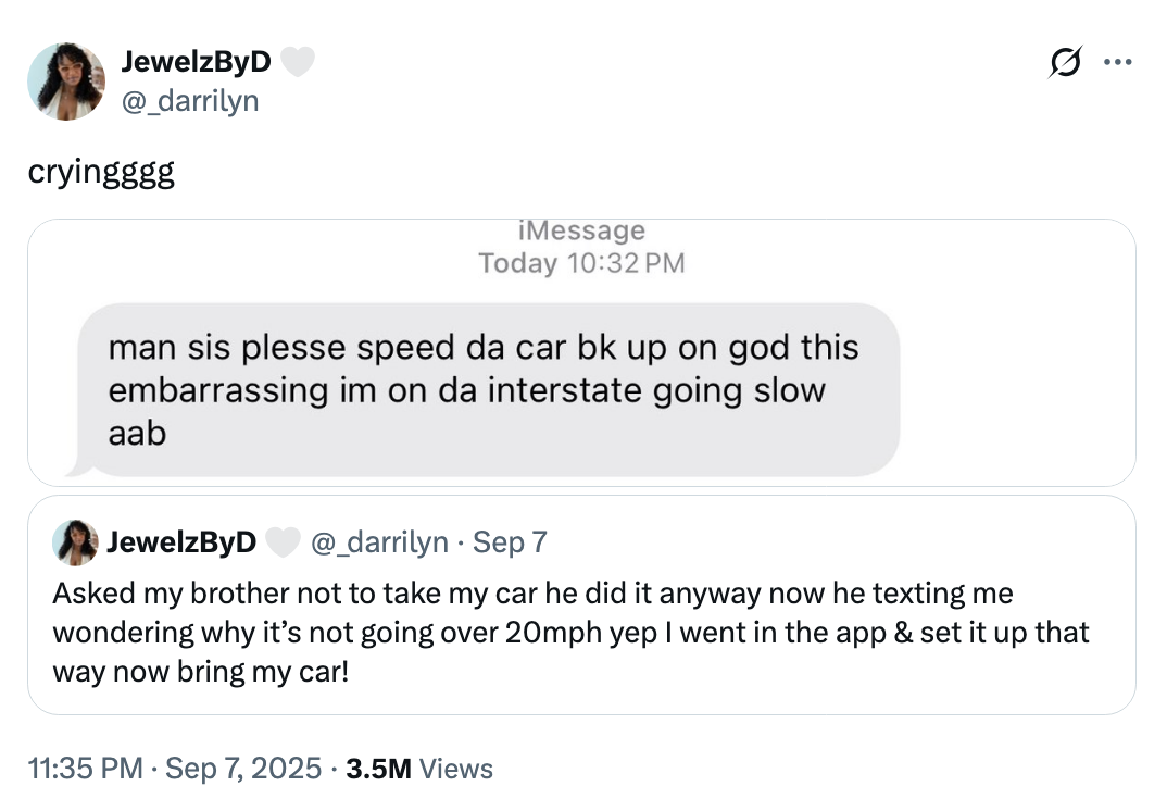 Screenshot of a tweet wherever the idiosyncratic shares a humorous substance speech astir their car not going implicit 20mph aft their member utilized it