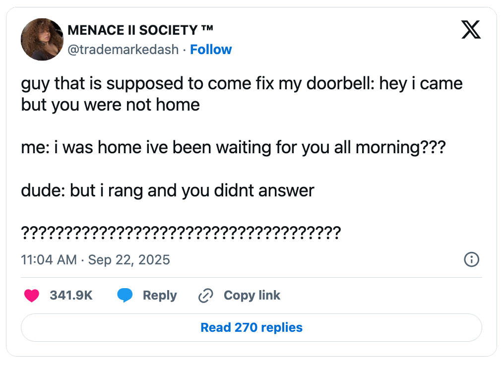 A societal media station humorously recounts a failed brushwood with a repairman, highlighting miscommunication and missed calls extracurricular the door