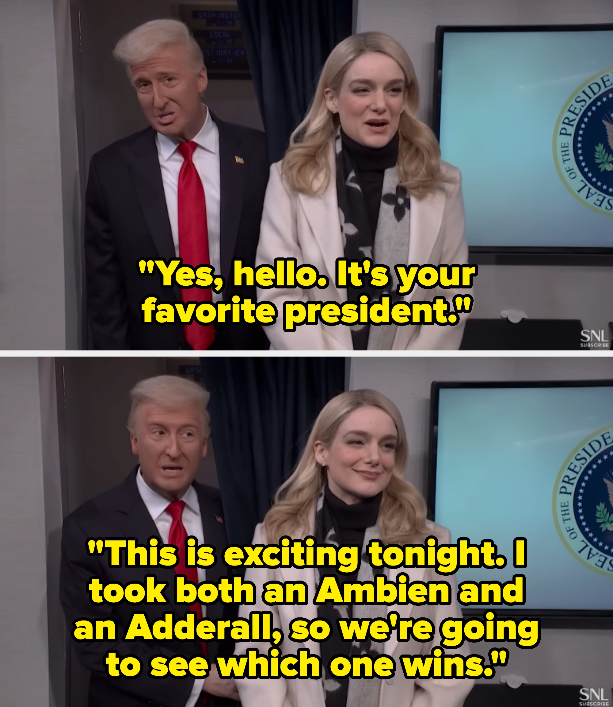 To personer i en komisk TV-film; den ene i dress med rødt slips, den andre i et blomsterskjerf og frakk. Presidentsegl synlig på en skjerm