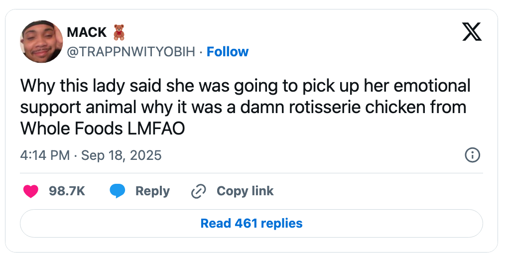 Tweet joking astir idiosyncratic calling a rotisserie chickenhearted an affectional enactment carnal astatine Whole Foods