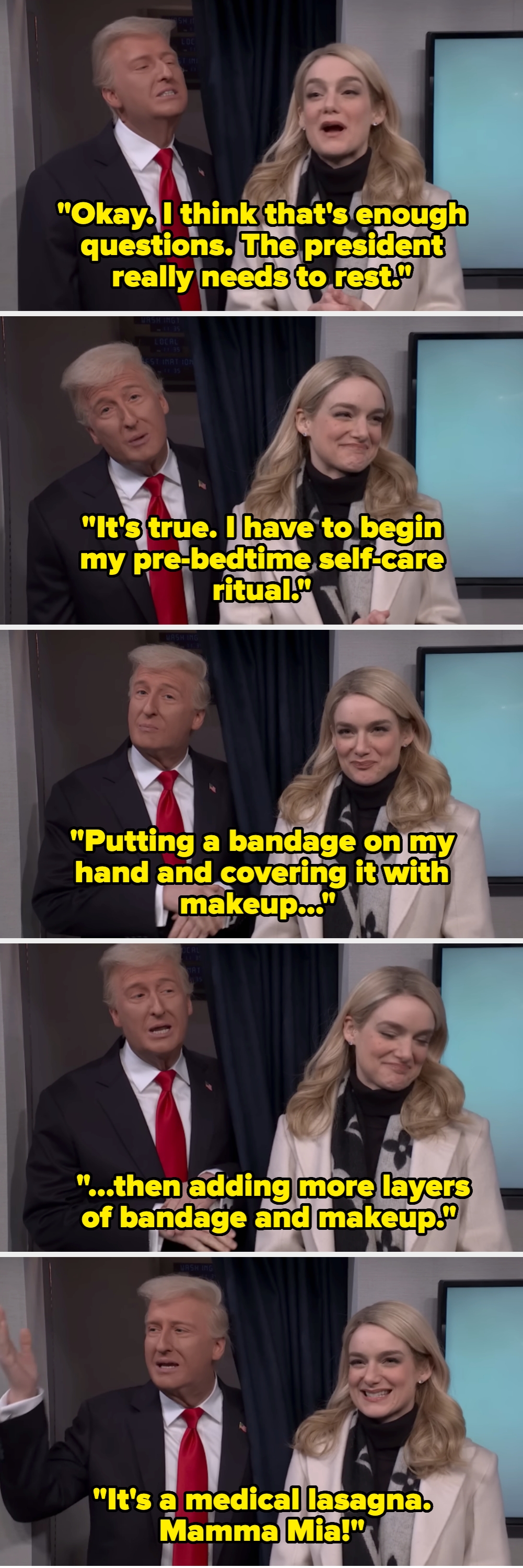 Two radical posing. The antheral wears a suit with a reddish tie, somewhat tilting his head. The pistillate wears a overgarment and patterned scarf, smiling subtly