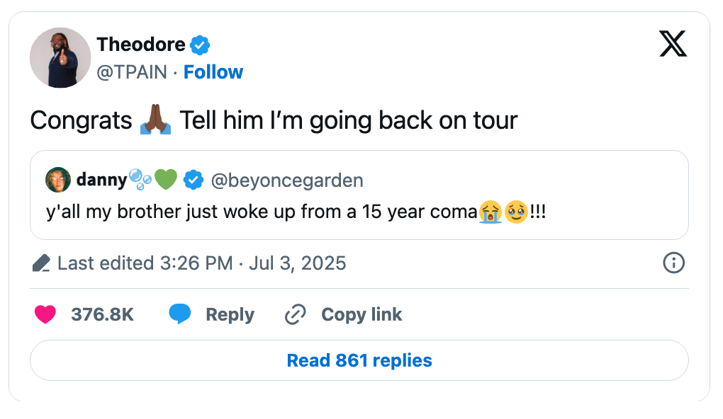 Tweet from Theodore congratulates Danny's brother, who woke up from a coma. Theodore announces he's going backmost connected tour