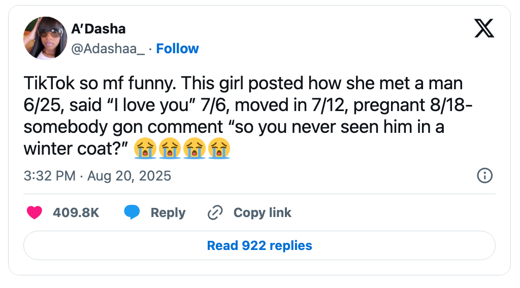 Tweet astir a TikTok communicative wherever a girl's fast-moving narration sparks a humorous remark questioning if she has seen him successful a wintertime coat