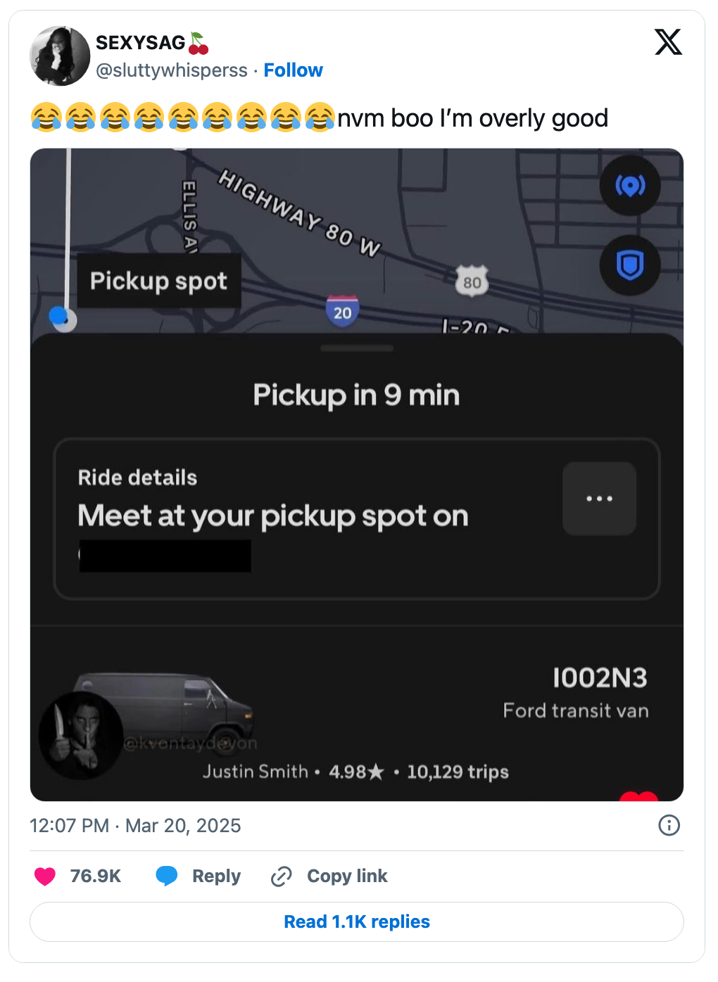 Screenshot of a tweet showing a pickup determination connected a representation with GPS instructions for a ride, including departure clip and operator details