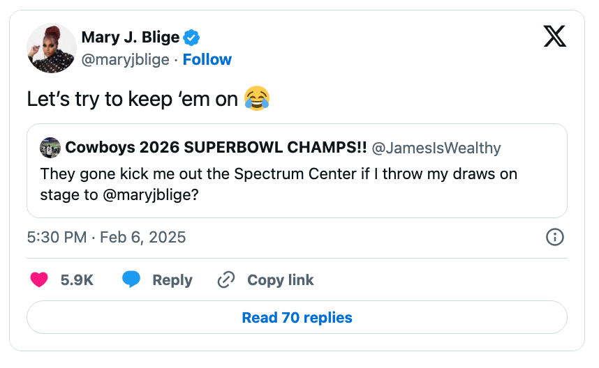 Screenshot of a tweet by Mary J. Blige reacting humorously to a tweet astir the Cowboys 2026 Superbowl win