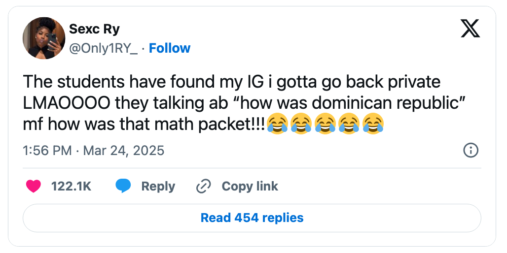 Tweet joking astir students uncovering the poster's Instagram, questioning however "how was dominican republic" related to the mathematics packet