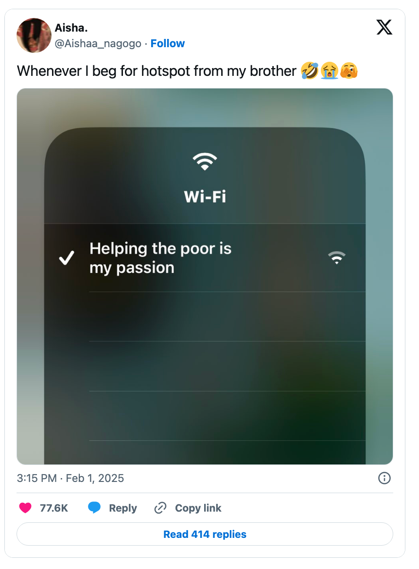 Screenshot of a tweet joking astir asking a member for a hotspot, showing a Wi-Fi web named "Helping the mediocre is my passion."