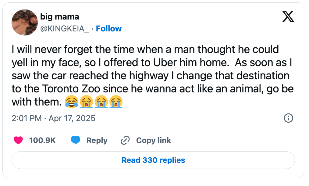 A pistillate offers to Uber a large antheral location but changes the destination to the Toronto Zoo arsenic a comic response
